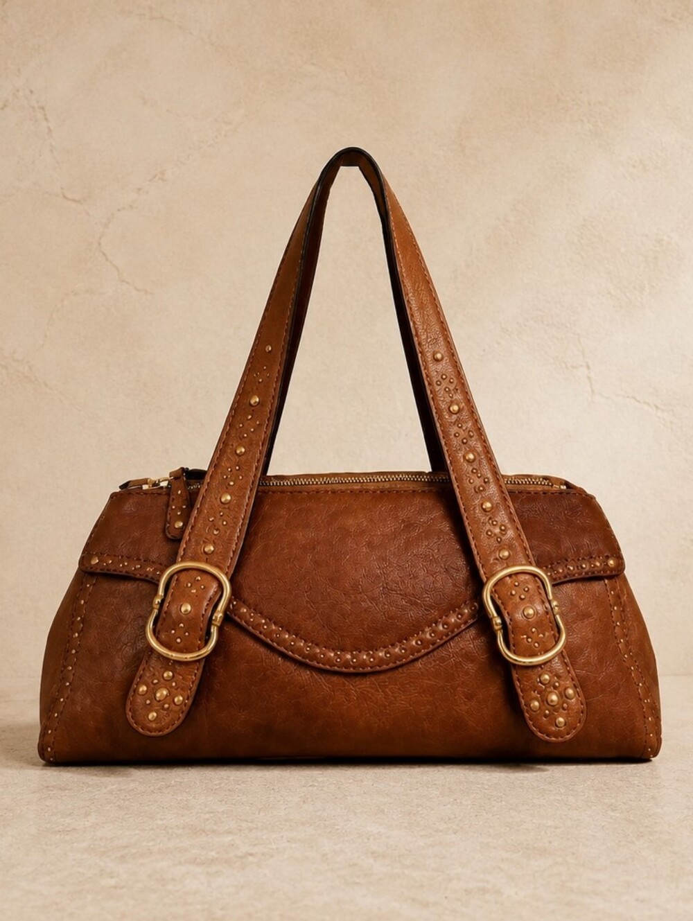 MICHAEL KORS Vintage Brown Leather Satchel with Gold Studs and Hardware
